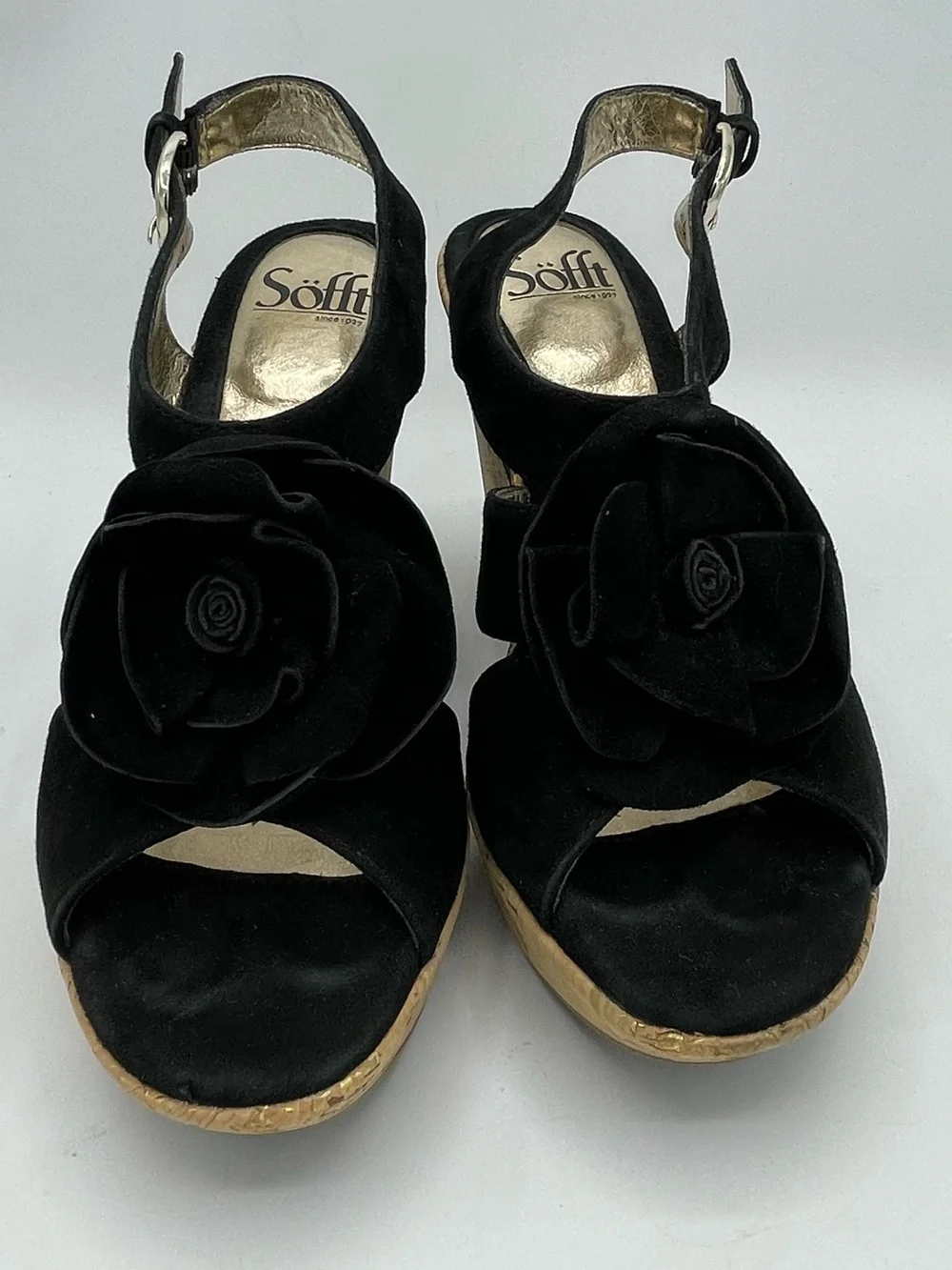 Sofft Black Suede Cork Wedge Sandals with Floral Rosette Accent.